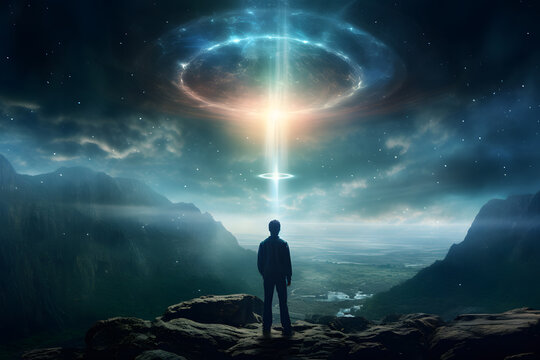 Searching for extraterrestrial intelligence concept. 
Man observing a luminous phenomenon in the sky