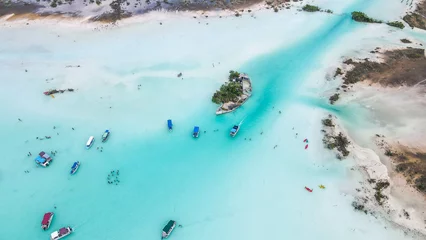 Papier Peint photo Turquoise Aerial View, Beautiful turquoise water. Laguna Bacalar - the lake of seven colors. 