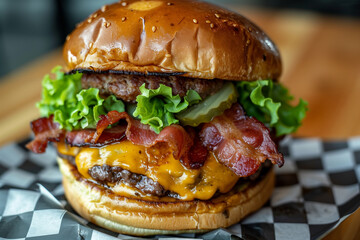an image of an oversized cheeseburger with bacon and lettuce, in the style of christcore, classic, traditional