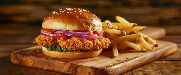 chicken burger and fries on the wooden board, in the style of smokey background