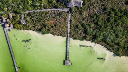 Aerial Drone view of the Kaan Luum lagoon in Tulum Mexico. © Mylifeontopdm
