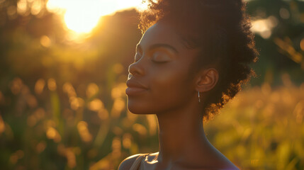 Young woman enjoying the tranquility of a golden sunset in a field.