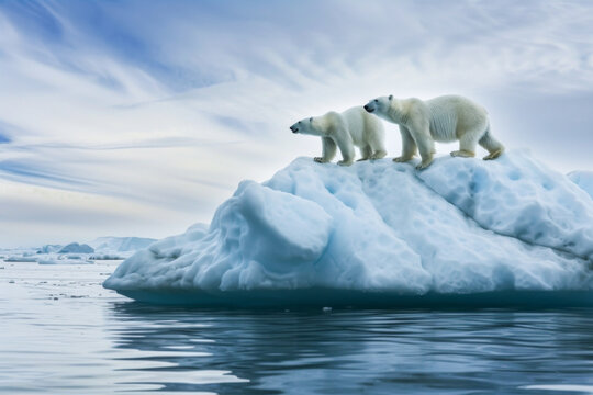 Polar bears on melting ice under striking sky. Generative ai image