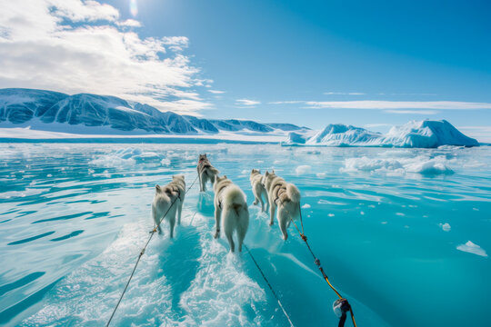 Arctic sled dogs traverse melting ice landscape. Generative ai image