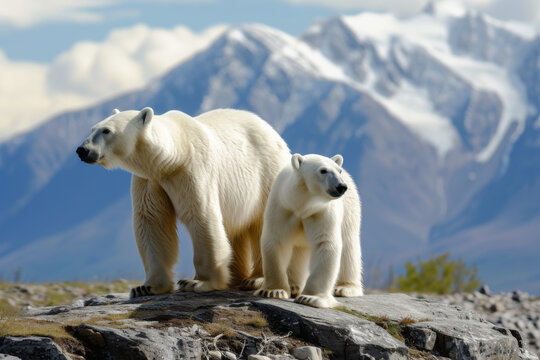 Polar bears against a backdrop of alpine scenery. Generative ai image