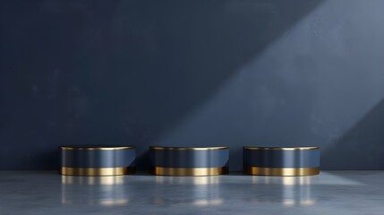 Three Empty Dark Blue Cylinder Podiums with Gold Borders – Modern Minimalist Presentation Stands for Luxury Showcase