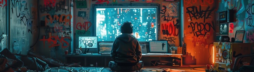 Cyberpunk Hacker's Den with Cityscape View - obrazy, fototapety, plakaty