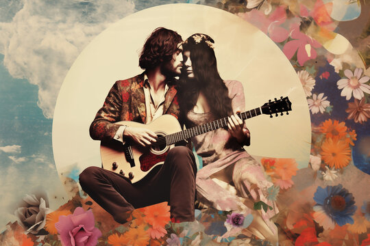 Vintage-inspired hippie couple with guitar surrounded by flowers. Generative ai image