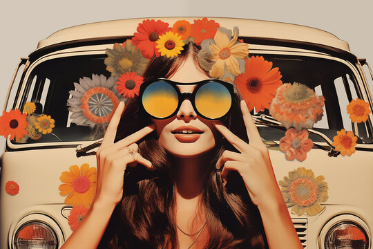 Retro vibe with flower-crowned woman and vintage van. Generative ai image