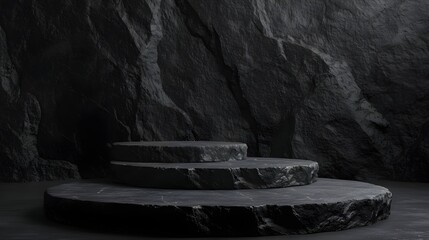 Black stone podium stand on minimal pedestal stage. empty product display mockup platform or cosmetic presentation showcase