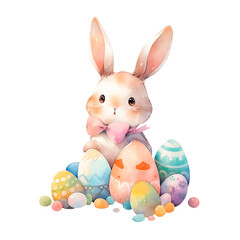 Watercolor hand-painted illustration of an cute small Easter bunny with colored Easter eggs. Isolated on a transparent background