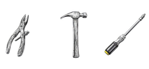 Illustration of Tool Set - Hammer, Screwdriver, Pliers on White or transparent Background. PNG