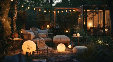outdoor lit garden with outdoor furniture