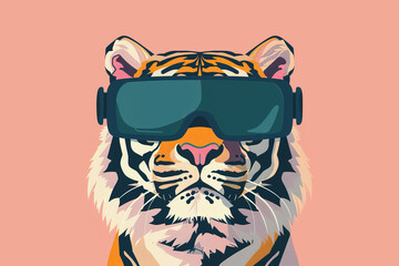 Majestic tiger with VR headset on pastel background. Generative ai image