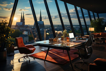 Modern Office Space with Breathtaking City View at Sunset. Generative ai image