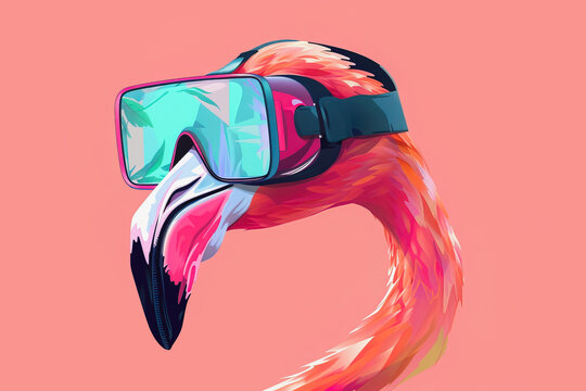Flamingo with virtual reality headset in vibrant hues. Generative ai image