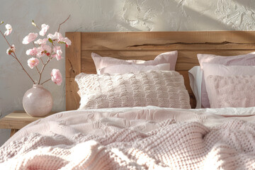 A cozy bed with soft decorative pillows and knitted blanket and bedspread. Beautiful bedroom interior close-up. Stylish interior in delicate colors of beige and pink. Wooden headboard