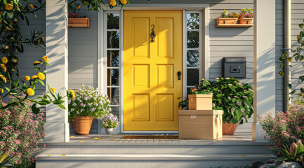 Fototapeta na wymiar Bright Yellow Door with Delivery Package