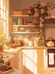 Sunny Country Kitchen with Blooming Flowers