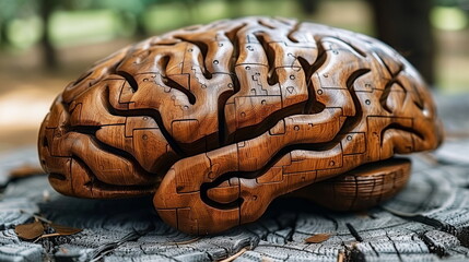 A wooden carving of a human brain puzzle on a textured surface, symbolizing intelligence and mental complexity.