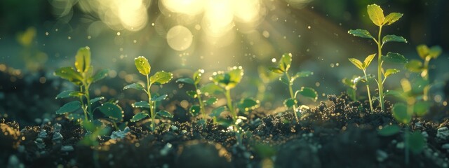 green sprouts on top of soil with sun light - obrazy, fototapety, plakaty