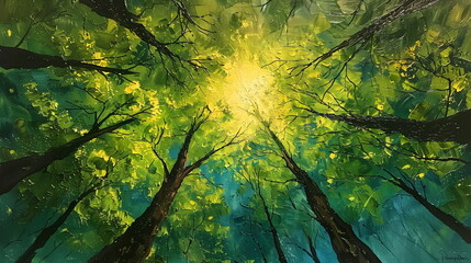 Fototapeta premium An upward view of a forest canopy with bright sunlight filtering through, painting a peaceful and vibrant scene.