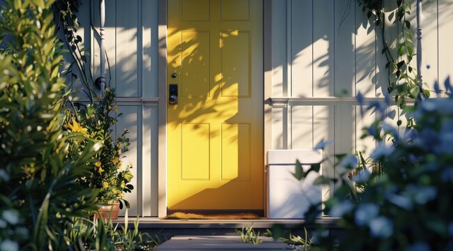 A Yellow Door With A White Box On An Entryway