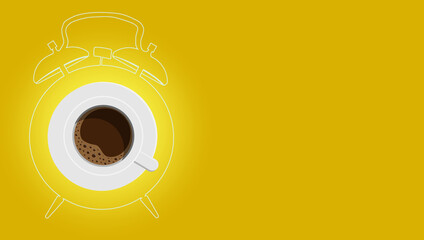 a cup of coffee on the background of an alarm clock. the concept of morning cheerfulness