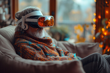 Oldest Man Delving into Virtual Reality Entertainment at Home, With VR Headset On, Sitting on a Comfortable Couch Amidst High-Tech Decor, clean minimal design, 8k
