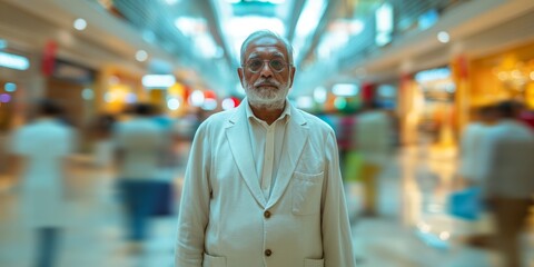 Fototapeta na wymiar A senior Indian man exudes timeless wisdom and confidence as he strikes a dynamic pose against the blurred backdrop of a modern, motion-blurred shopping mall filled with bustling shoppers.