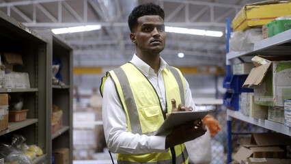 Black worker is checking the goods in the warehouse. - 746028889