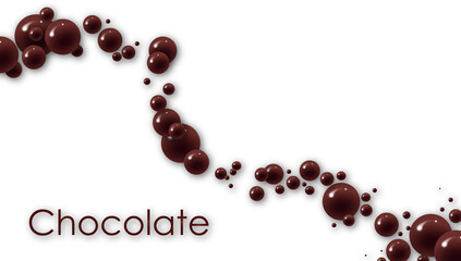 brown sweet chocolate bubbles on a white background. Huge pile of chocolate candies background. the inscription on the image is chocolate