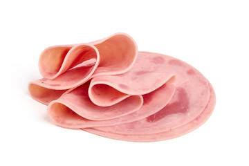 Cooked boiled ham slices, isolated on white background