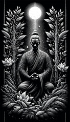 Meditative Zen Warrior in Dotwork Style with Cosmic and Natural Elements