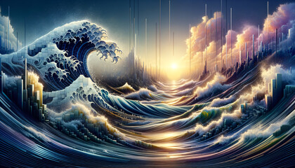 Tranquil wave energy with digital disintegration and geometric harmony.