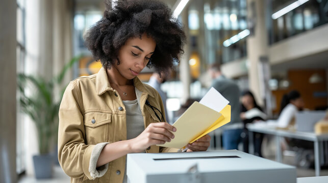 Young African American woman with curly hair casts her ballot at voting station