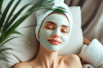 Beautiful woman with cosmetic mask on her face relaxes in spa salon