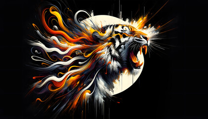 Tiger roaring on a black background. Tiger abstract wallpaper.