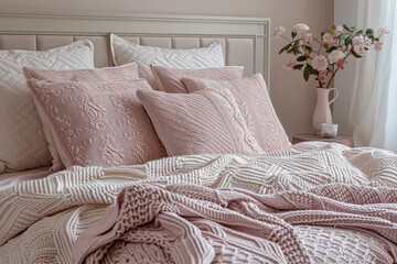 A cozy bed with soft decorative pillows and knitted blanket and bedspread. Beautiful bedroom interior close-up. Stylish interior in delicate colors of beige and pink