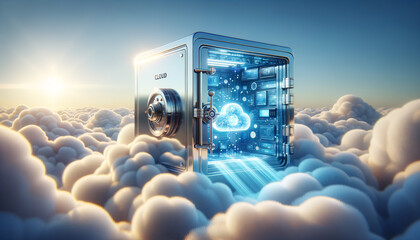 Futuristic cloud-safe with glowing digital interface and layers of security measures. - obrazy, fototapety, plakaty