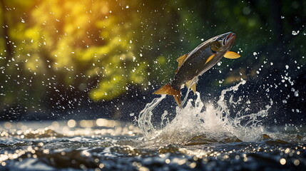 Obraz premium A trout breaks the surface of a forest stream, creating a dynamic splash against a backdrop of sunlit leaves