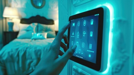 a girl's hand poking at the touch screen of a wall-mounted tablet against the background of the bed, smart home system