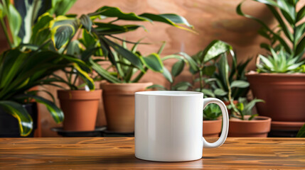 White mug on wooden table against blurred background. Mockup for design - obrazy, fototapety, plakaty