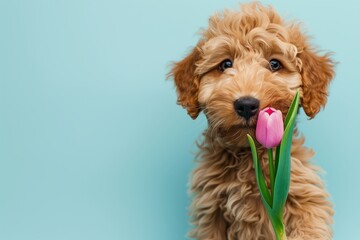 Fototapeta premium Portrait of cute puppy Maltipoo with gift of tulips posing on blue background