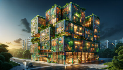 Opulent sustainable green building with vibrant maximalist background. - obrazy, fototapety, plakaty