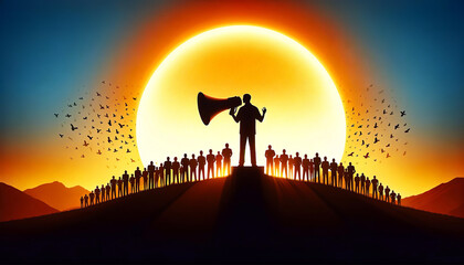 Silhouette of a leader with a megaphone on a hill, addressing a crowd against a stunning sunset backdrop, symbolizing inspiration, leadership, and communication.Communication concept. AI generated.