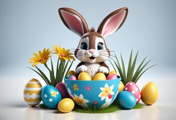 Adorable Easter Bunny in Large Egg with Colorful Eggs and Spring Flowers