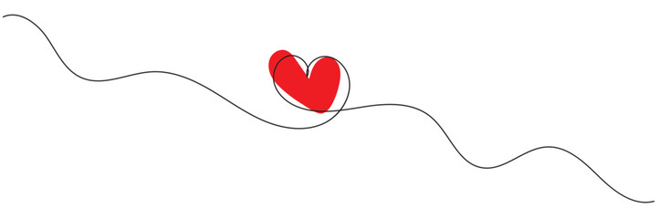 One continuous drawing of heart and color shape love sign. Thin contour and romantic symbol for greeting card and web banner. Doodle outline no background illustration