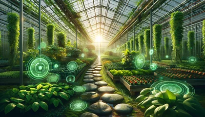 Foto op Plexiglas Harmonious Biotech Oasis: Advanced science and nature unite in a tranquil greenhouse. © TechArtTrends