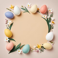 Naklejka na ściany i meble Colorful Easter Eggs and Spring Flowers Circular Frame with copy space